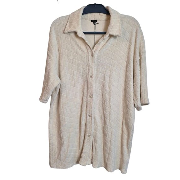 Monrow Women's Terry Cloth Button-Up Shirt Short Sleeves Oversize Ivory Small - Picture 1 of 14